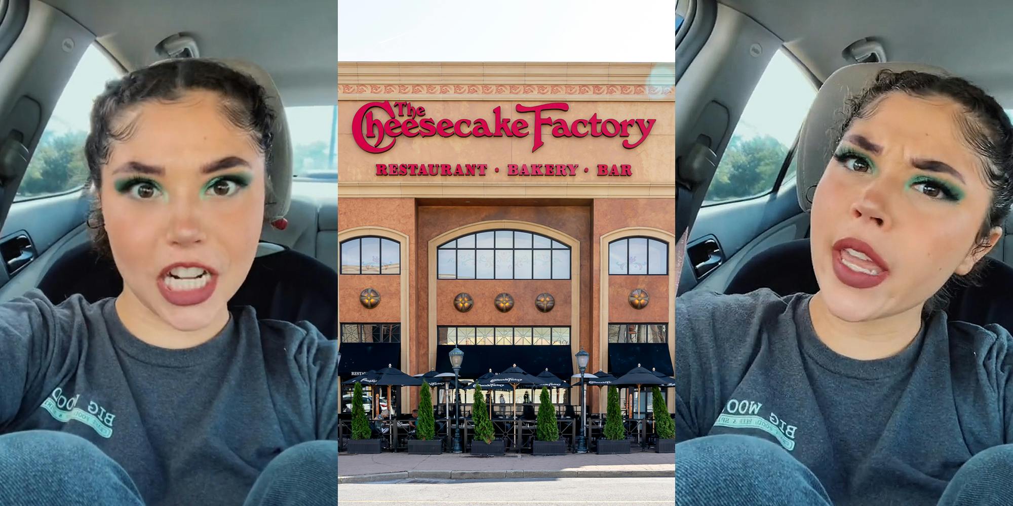 woman speaking in car (l) The Cheesecake Factory building with sign (c) woman speaking in car (r)