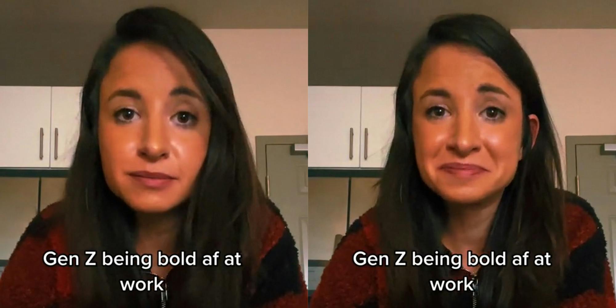 woman in room with caption "Gen Z being bold af at work"