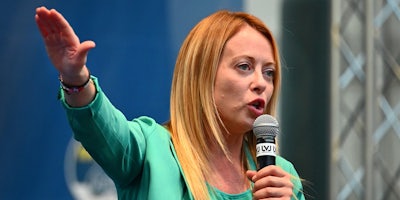 Giorgia Meloni leader of Fratelli d'Italia party during electoral rally for forthcoming national election day Turin Italy September 13 2022