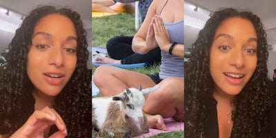 woman speaking with hand out (l) woman practicing Goat Yoga on matt outside (c) woman speaking (r)