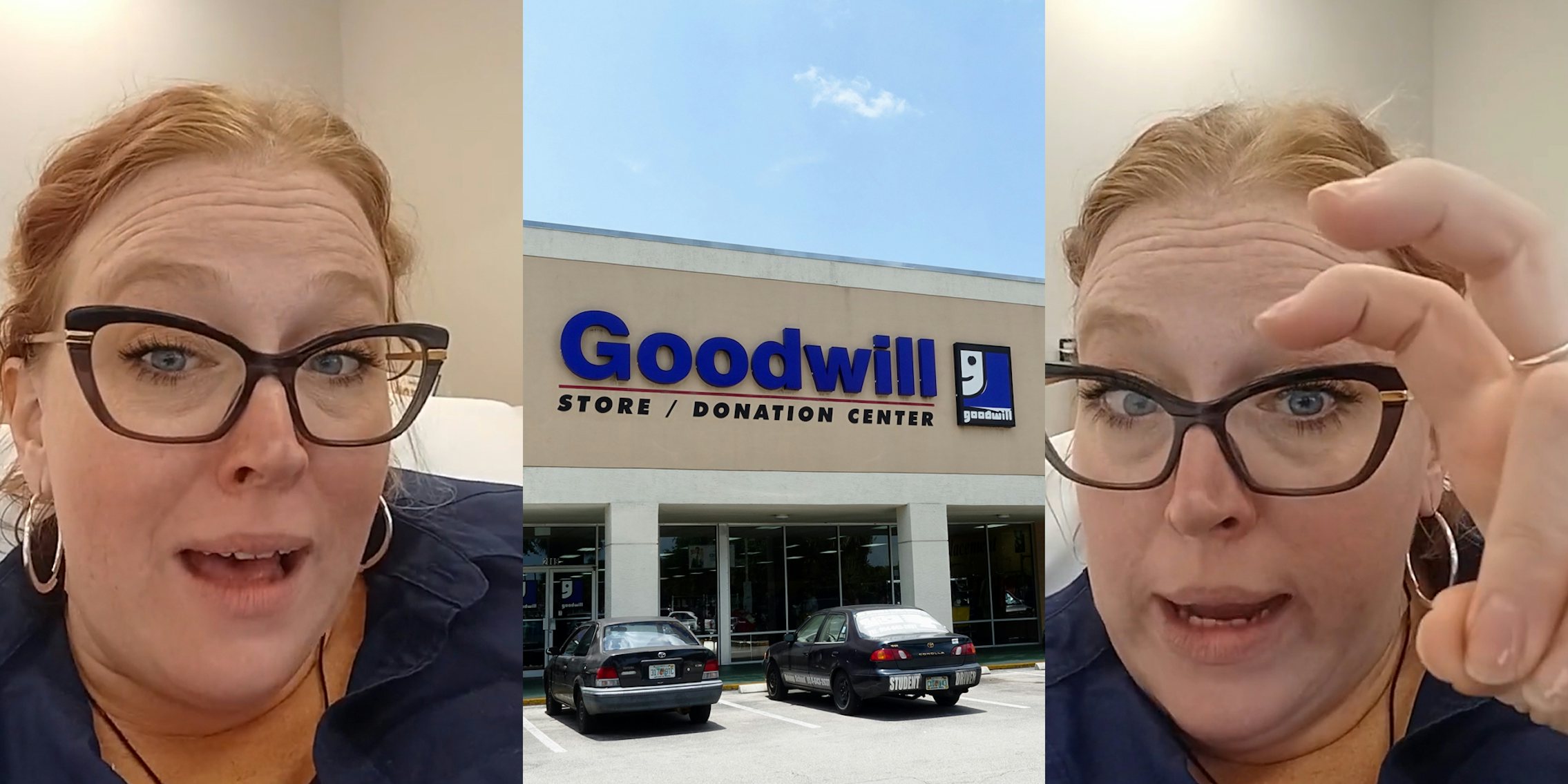 woman speaking in front of tan wall (l) Goodwill store building with sign (c) woman speaking in front of tan wall holding up fingers in air quote position (r)