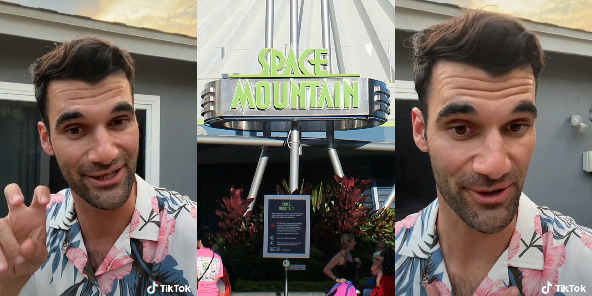 man in floral print shirt (l&r) space mountain sign (c)
