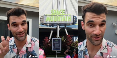 man in floral print shirt (l&r) space mountain sign (c)
