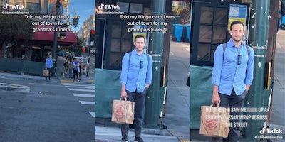 man standing on sidewalk with caption 'told my hinge date i was out of town for my grandpa's funeral' (l&c) caption 'But then he saw me fuck up a chicken caesar wrap across the street' (r)