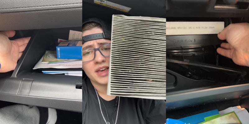 hand reaching onto side of glovebox (l) person holding cabin air filter in car (c) hand reaching behind glovebox to reveal airflow cabin air filter (r)