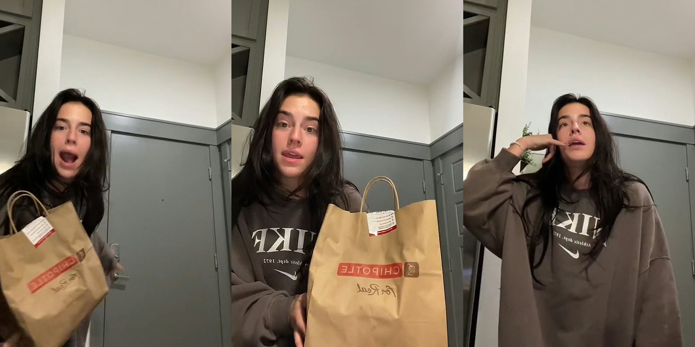 woman speaking pointing to gray door while holding DoorDash Chipotle delivery bag (l) woman speaking in front of gray door holding DoorDash Chipotle delivery bag (c) woman speaking in front of gray door making phone gesture with hand up to ear (r)