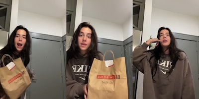 woman speaking pointing to gray door while holding DoorDash Chipotle delivery bag (l) woman speaking in front of gray door holding DoorDash Chipotle delivery bag (c) woman speaking in front of gray door making phone gesture with hand up to ear (r)
