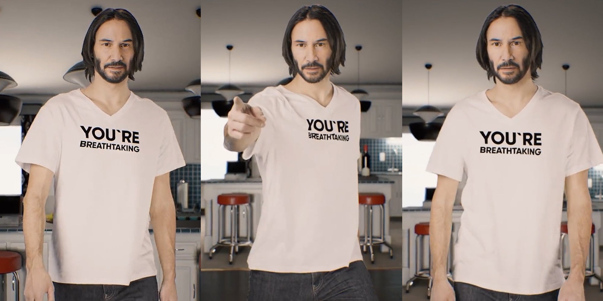 Man walking with shirt that says "YOU'RE BREATHTAKING" as Keanu Reeves deepfake (l) Man walking pointing towards camera with shirt that says "YOU'RE BREATHTAKING" as Keanu Reeves deepfake (c) Man walking with shirt that says "YOU'RE BREATHTAKING" as Keanu Reeves deepfake (r)