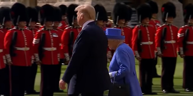 Donald Trump walking with The Queen of England (he is walking ahead of her) outside