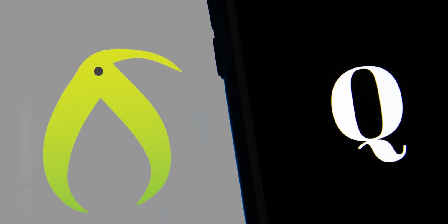 Kiwi Farms logo on gray background with silhouette of phone with 'Q' on screen on right