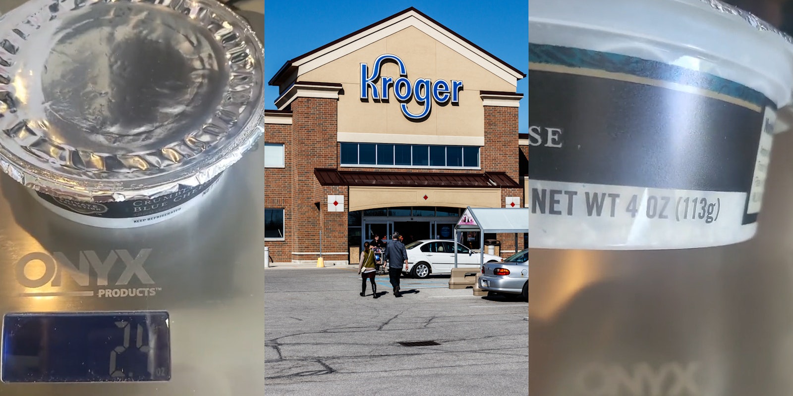 Kroger blue cheese in container on scale reading '2.4OZ' (l) Kroger building with sign and parking lot (c) Kroger blue cheese label on container reads '4 OZ (113g)' (r)