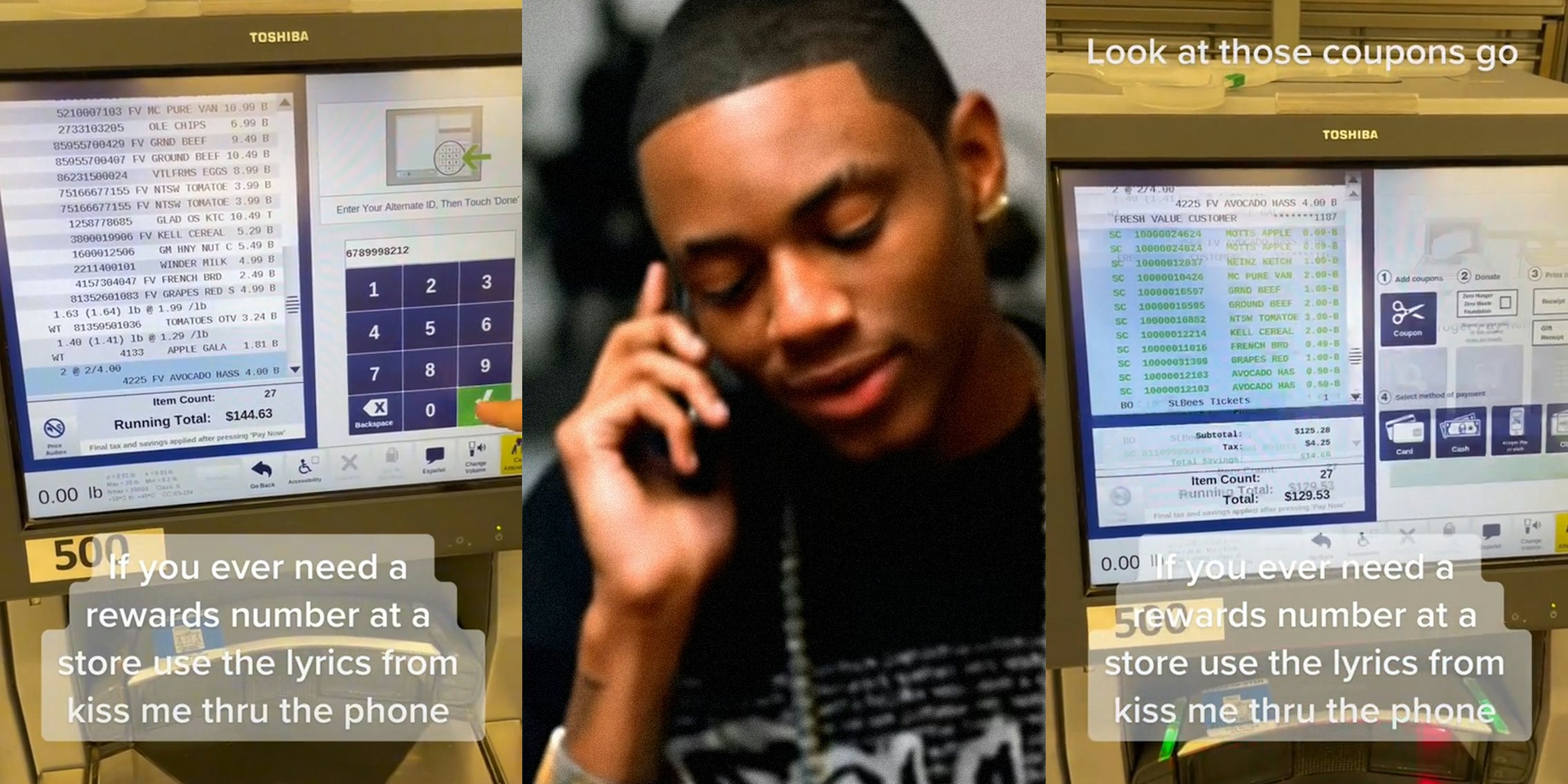 checkout with caption 'If you ever need a rewards number at a store use the lyrics from kiss me thru the phone' (l&r) soulja boy on phone (c)