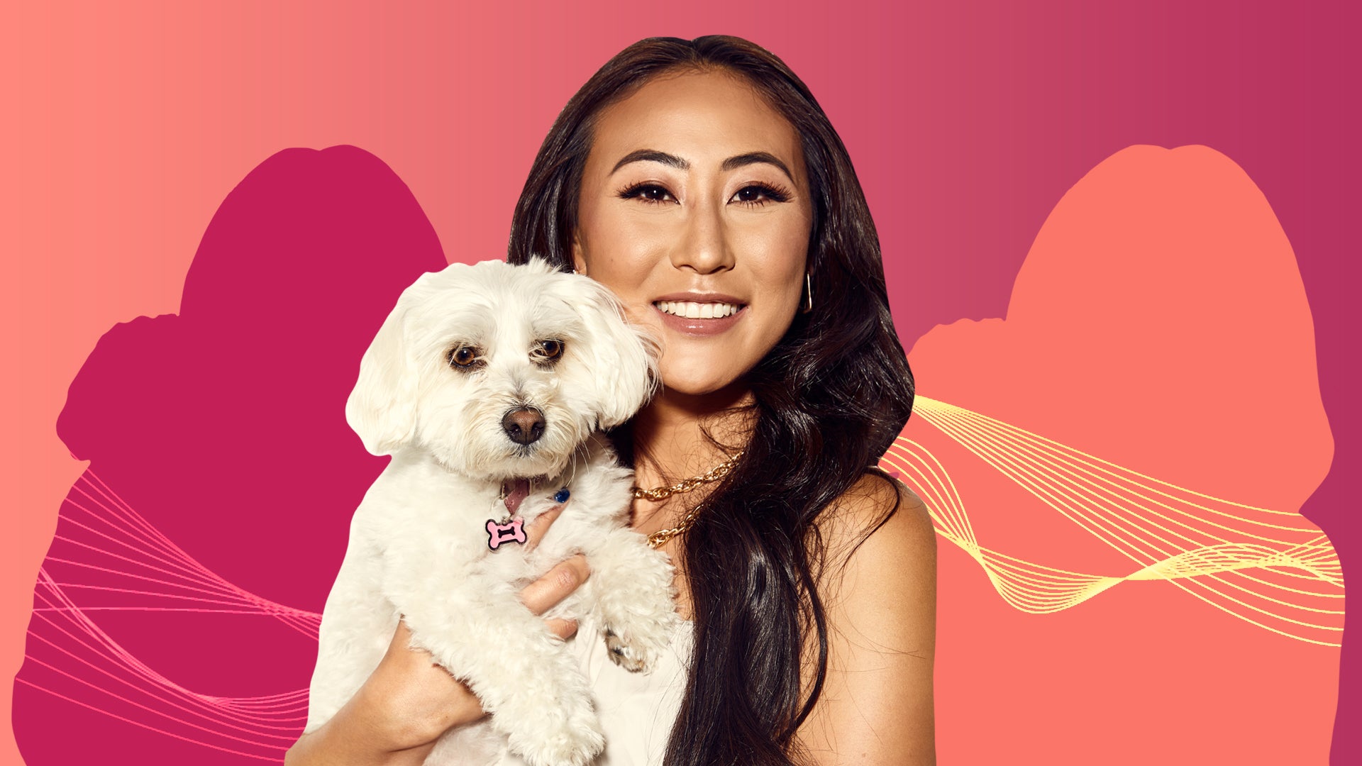 Lizzy Capri holding dog on pink to purple gradient background Passionfruit Remix