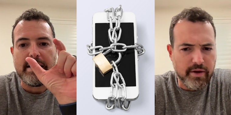 man speaking in front of tan wall holding fingers out (l) iPhone with chain and lock on gray table (c) man speaking in front of tan wall (r)