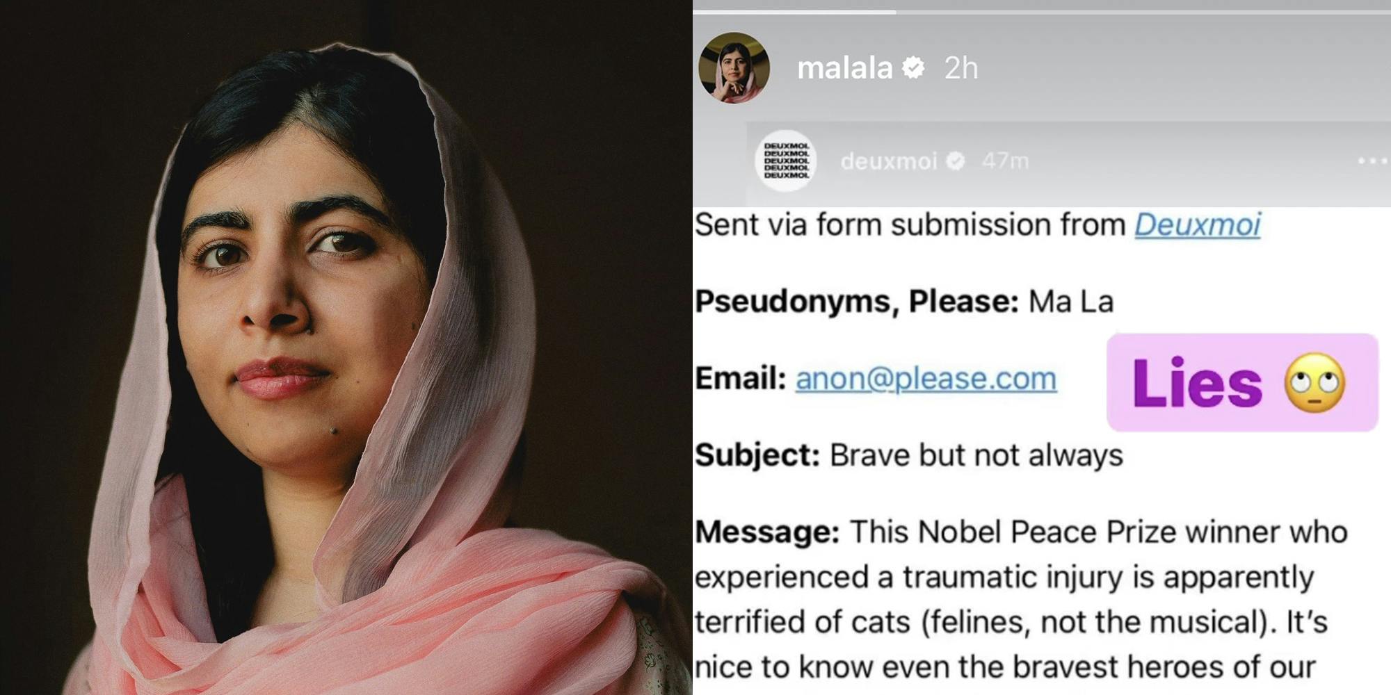 Malala in front of brown background (l) Malala Instagram story response caption "Sent via form submission from Deuxmoi Pseudonyms, Please: Ma La Email: anon@please.com Subject: Brave but not always Message: This Nobel Peace Prize winner who experienced a traumatic injury is apparently terrified of cats (felines, not the musical). It's nice to know even the bravest heroes of our..." "Lies" (r)