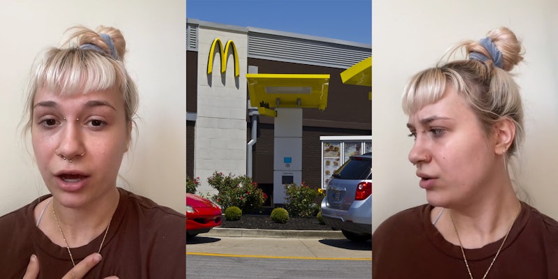 woman speaking with hand on chest in front of tan wall (l) McDonald's drive thru with speaker menu and cars (c) woman speaking turned left in front of tan wall (r)