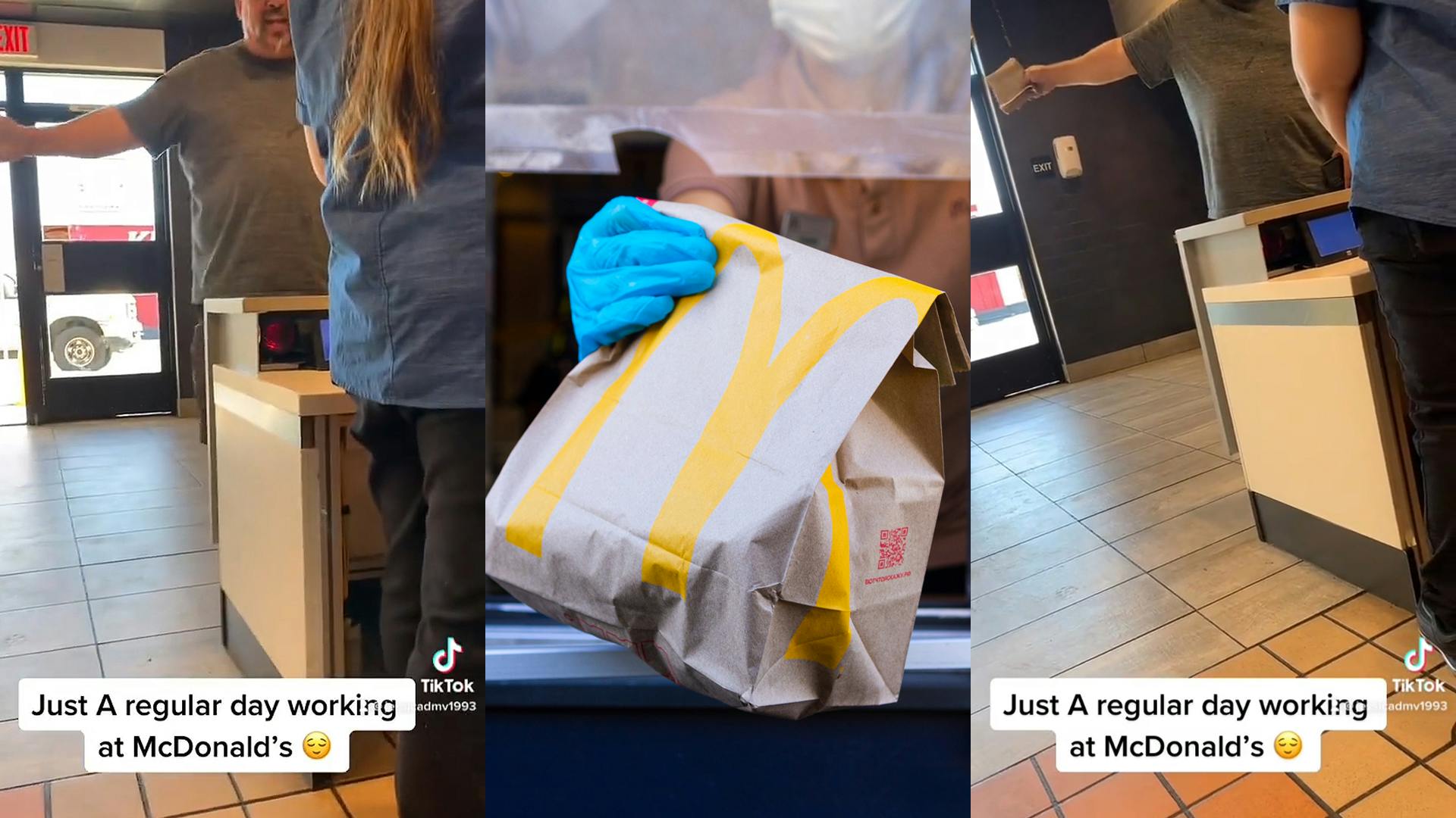 man yelling in McDonald's with arm out caption 'Just A regular day working at McDonald's' (l) McDonald's worker handing customer bag of food (c) man yelling in McDonald's with arm out holding napkins caption 'Just A regular day working at McDonald's' (r)