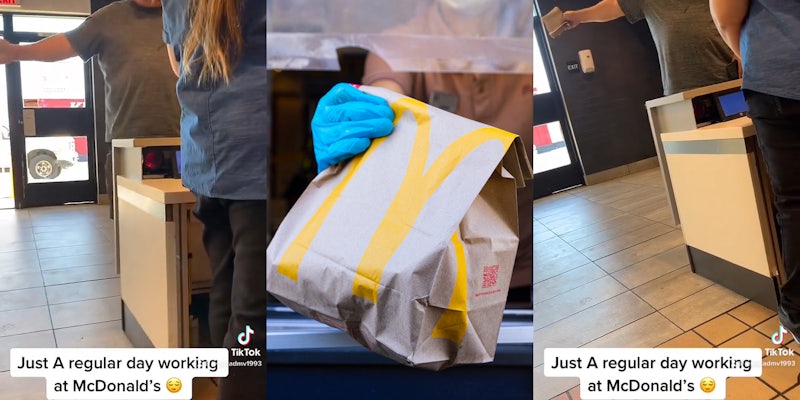 man yelling in McDonald's with arm out caption 'Just A regular day working at McDonald's' (l) McDonald's worker handing customer bag of food (c) man yelling in McDonald's with arm out holding napkins caption 'Just A regular day working at McDonald's' (r)