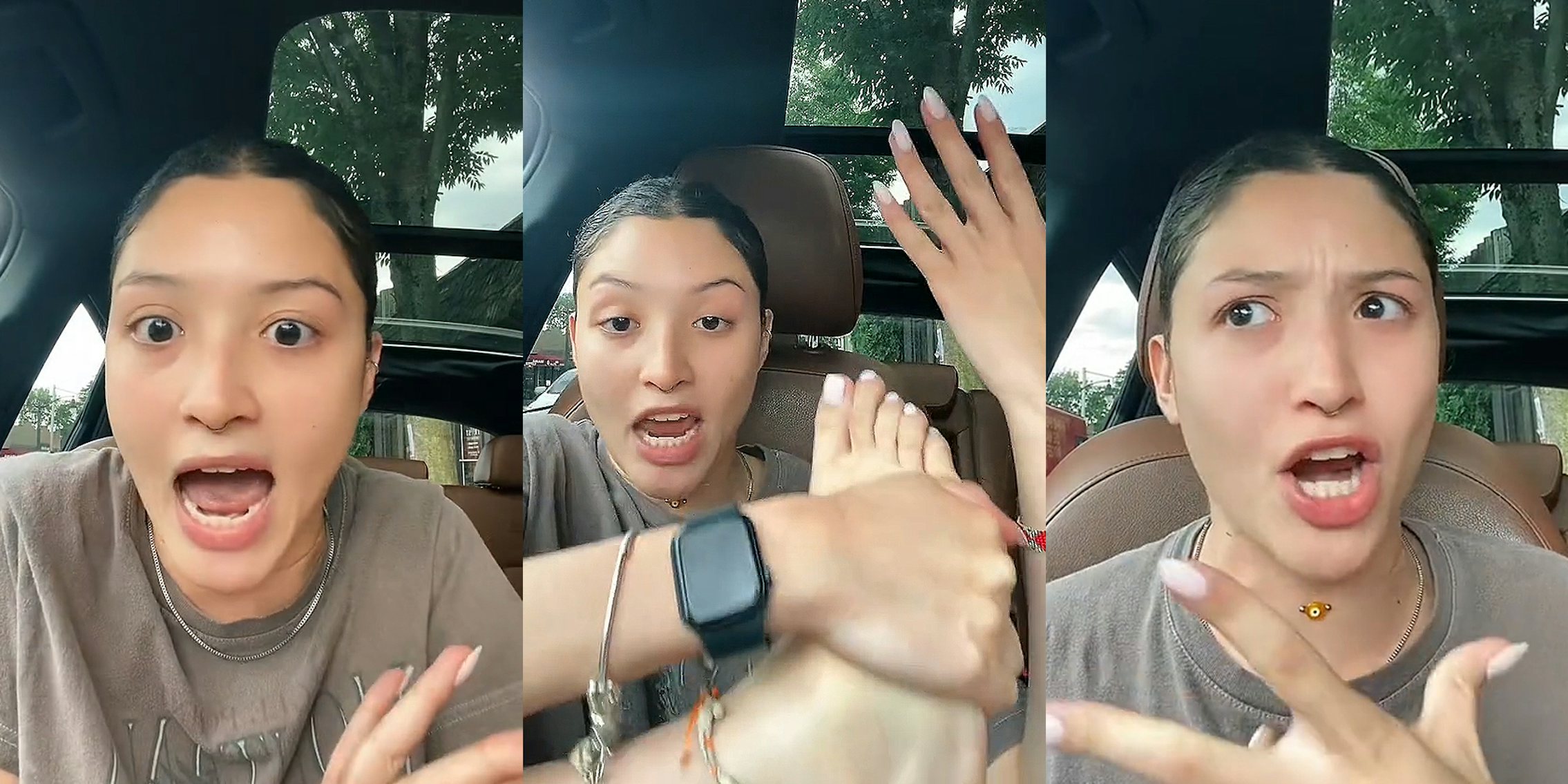 woman speaking in car hand up (l) woman speaking in car holding foot up showing toe and finger nails (c) woman speaking in car hand up (r)