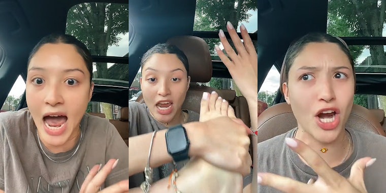 woman speaking in car hand up (l) woman speaking in car holding foot up showing toe and finger nails (c) woman speaking in car hand up (r)