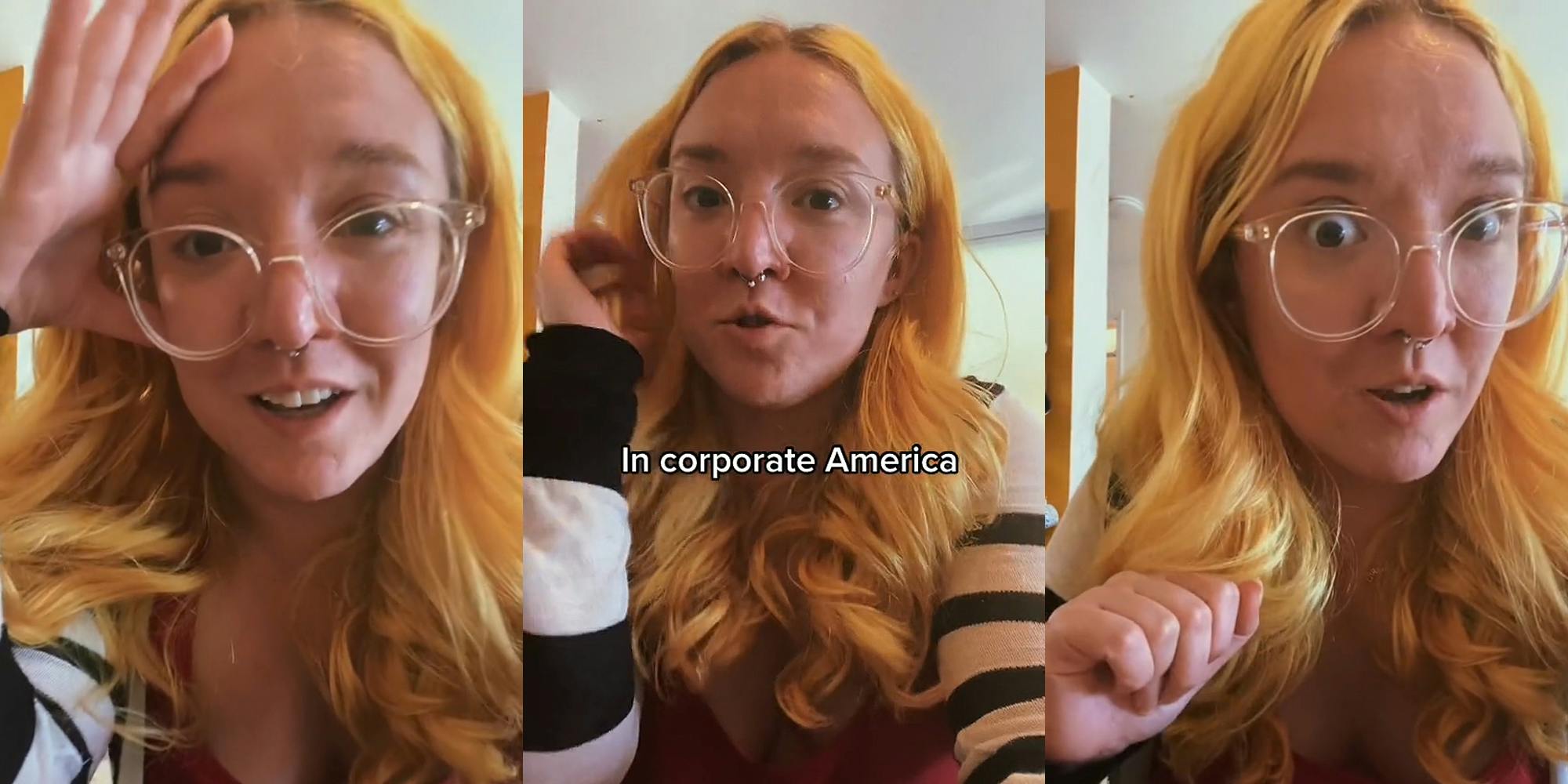 woman speaking hand on her forehead (l) woman speaking hand in hair caption "In corporate America" (c) woman speaking hand out (r)