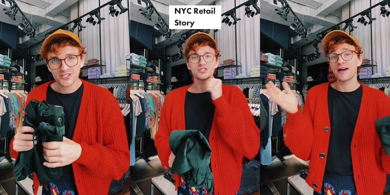 Man in retail store speaking holding clothing in hands (l) Man in retail store speaking holding clothing in hand other hand is up in air caption 'NYC Retail Story' (c) Man in retail store holding clothing in hand other hand out (r)