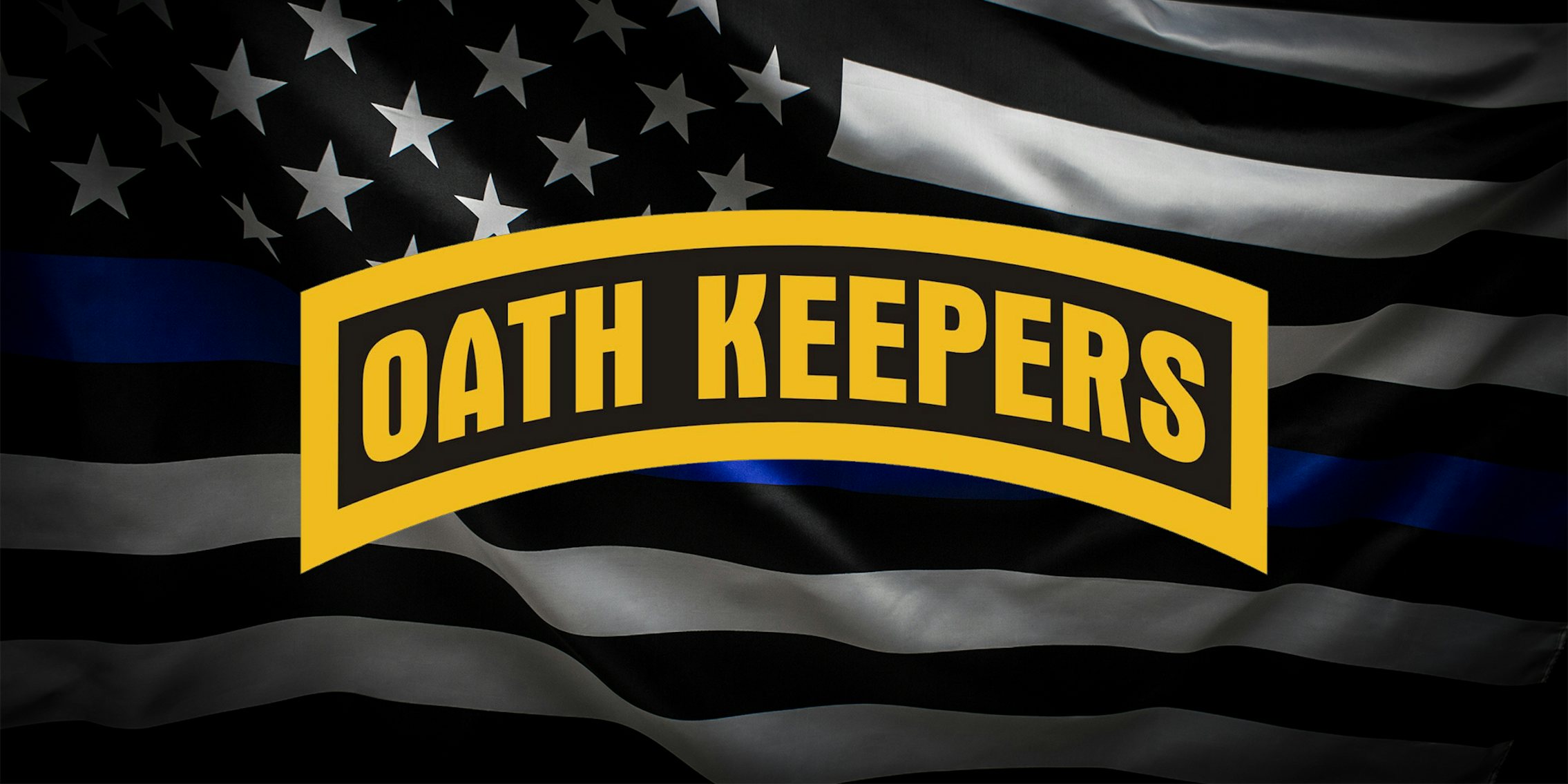 Oath Keepers logo over Thin Blue Line Wavy American Flag in Support of Police and Law Enforcement