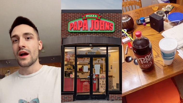 man speaking in front of dark gray wall and cream colored ceiling (l) Papa John's Pizza building with sign (c) 2 liter of Dr. Pepper soda and cup full of ice on wooden table (r)