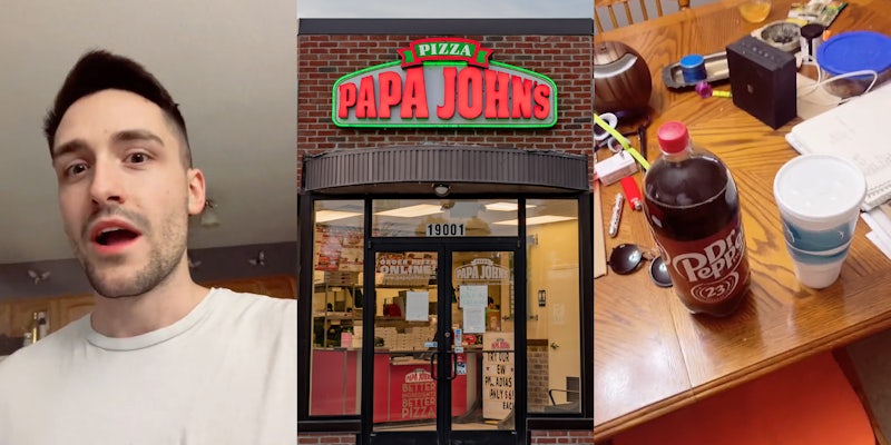 man speaking in front of dark gray wall and cream colored ceiling (l) Papa John's Pizza building with sign (c) 2 liter of Dr. Pepper soda and cup full of ice on wooden table (r)