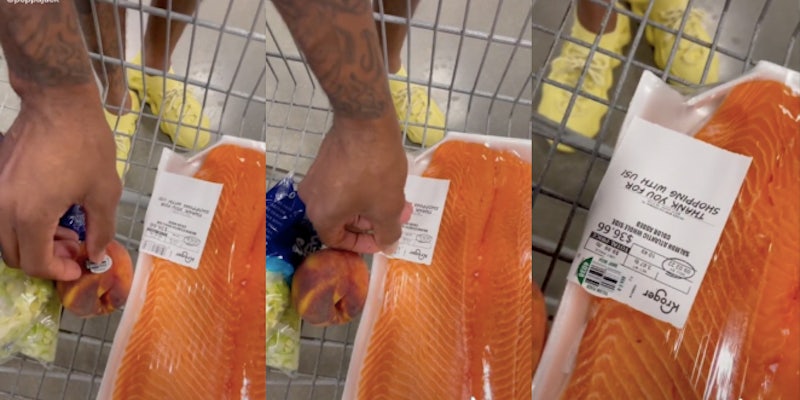 man moves peach barcode to salmon to change price tiktok