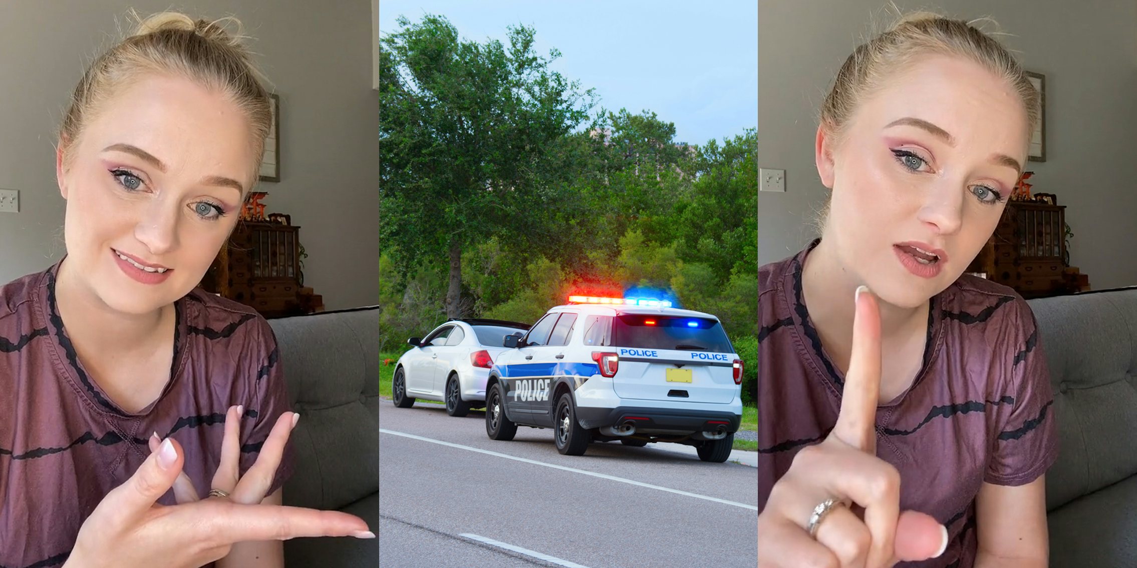 woman speaking with hand pointing right (l) Police with flashing lights pulled over car (c) woman speaking with finger up (r)