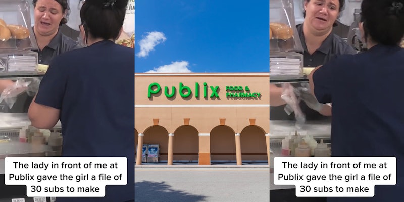 Publix deli worker speaking to customer caption 'The lady in front of me at Publix gave the girl a file of 30 subs to make' (l) Publix Food & Pharmacy building with sign (c) Publix deli worker speaking to customer caption 'The lady in front of me at Publix gave the girl a file of 30 subs to make' (r)