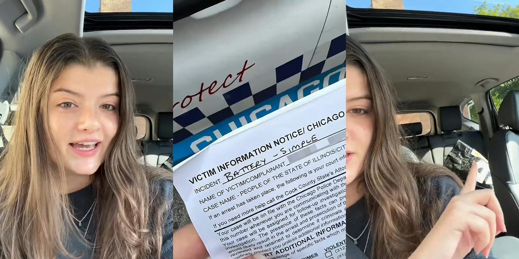woman speaking in car (l) Victim Information Notice paper "Incident Battery- Simple" (c) woman in car pointing to laundry in back seat (r)