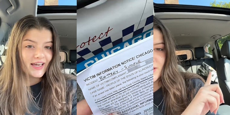 woman speaking in car (l) Victim Information Notice paper 'Incident Battery- Simple' (c) woman in car pointing to laundry in back seat (r)
