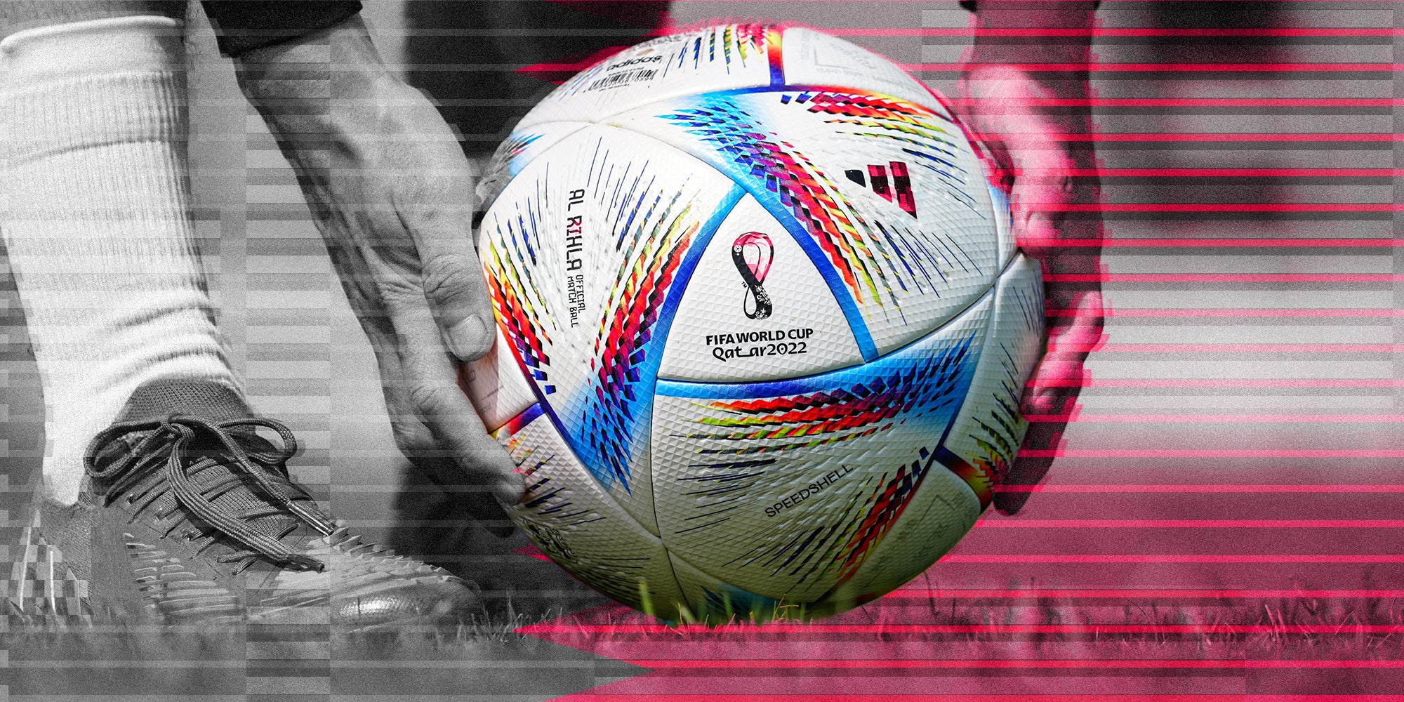 soccer player holding FIFA WORLD CUP Qat_ar 2022 with glitches