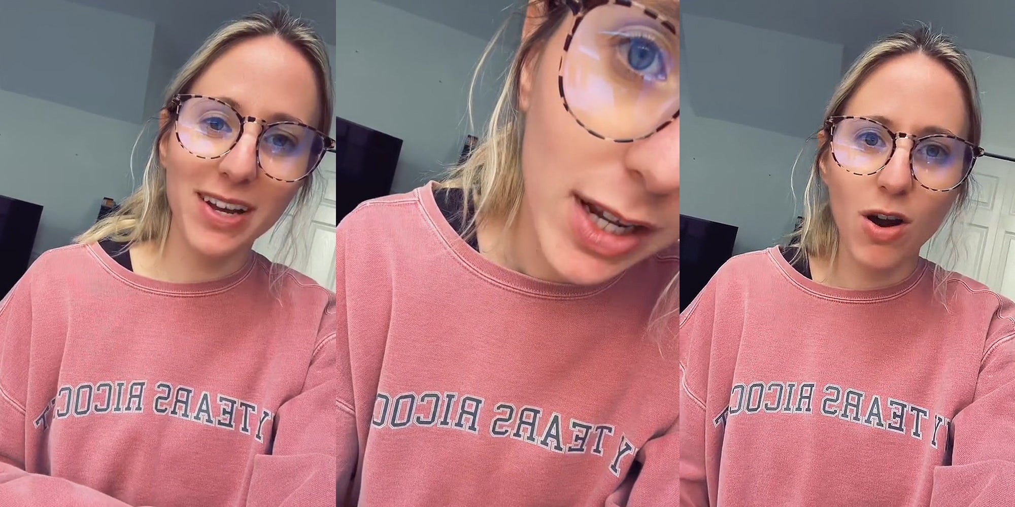 woman speaking in front of gray walls (l) woman speaking up close to camera in front of gray walls (c) woman speaking in front of gray walls (r)