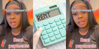woman speaking captions 'Property manager tok' 'Rent payments' (l) mint light green/blue calculator with 'RENT' typed on screen sitting on top of papers with finger pressing button (c) woman speaking captions 'Property manager tok' 'Rent payments' (r)