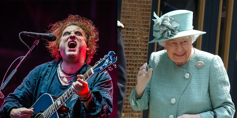 Robert Smith singing into microphone while holding guitar (l) Queen Elizabeth II in sage green outfit including hat waving (r)