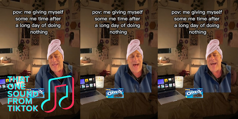 Rodger Cleye greenscreen TikTok with towel on head in bedroom caption 'pov: me giving myself some me time after a long day of doing nothing' and THAT ONE SOUND FROM TIKTOK logo (l) Rodger Cleye greenscreen TikTok with towel on head in bedroom caption 'pov: me giving myself some me time after a long day of doing nothing' (c) Rodger Cleye greenscreen TikTok with towel on head in bedroom caption 'pov: me giving myself some me time after a long day of doing nothing' (r)