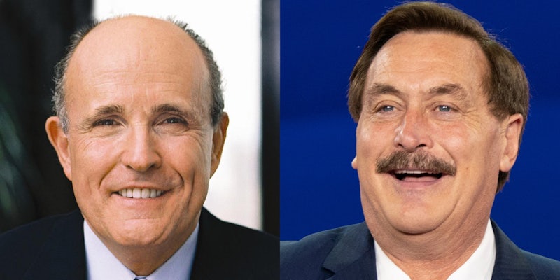 Rudy W. Giuliani smiling in front of white and gray background (l) Mike Lindell smiling in front of blue background (r)