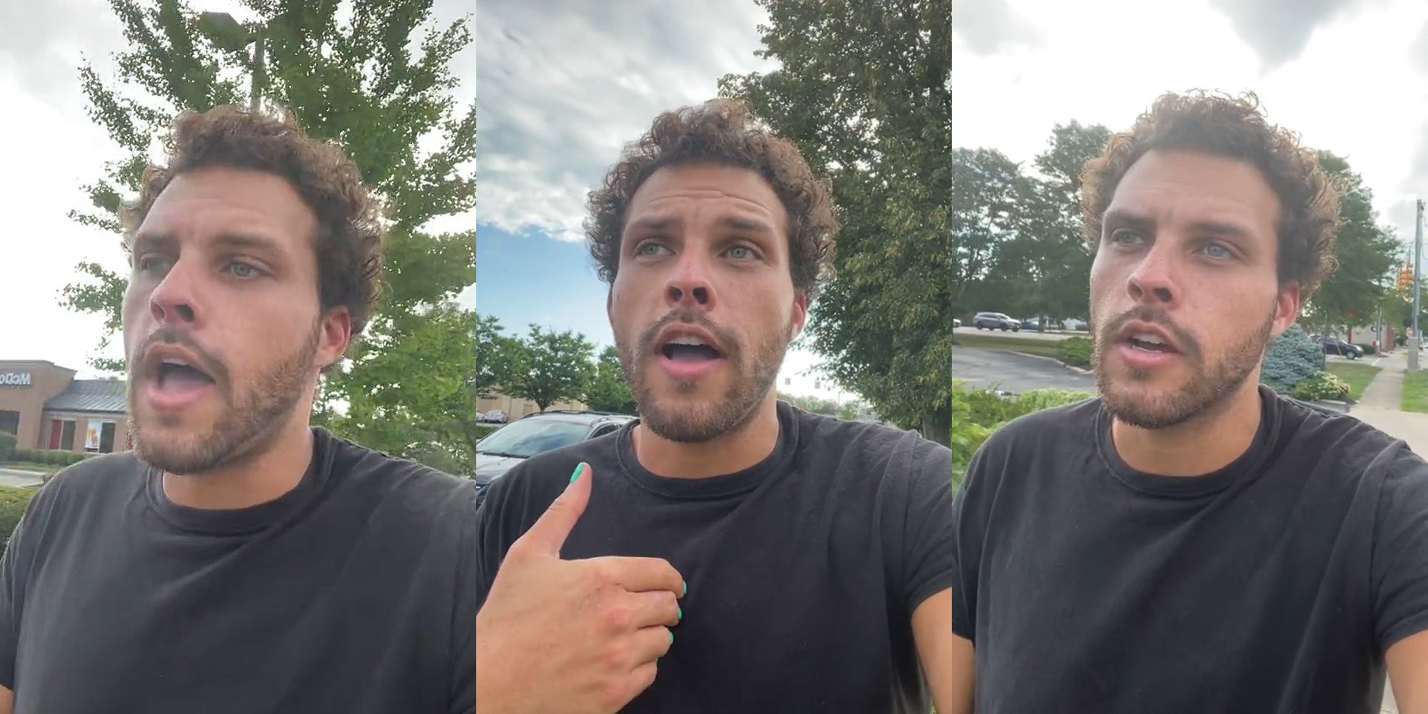 man walking outside speaking (l) man walking outside speaking with hand on chest (c) man walking outside speaking (r)