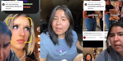 woman greenscreen TikTok over other creator's video caption 'she stay deleting comments calling her out too' (l) woman speaking in front of brown and white walls (c) woman greenscreen TikTok over other creators' videos caption 'she stay deleting comments calling her out too' (r)