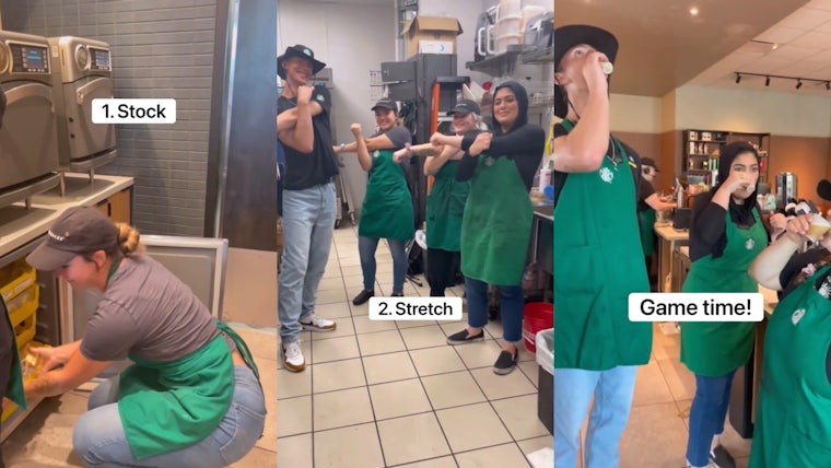 Starbucks barista stocking capti0on '1.Stock' (l) Starbucks baristas in back stretching caption '2.Stretch' (c) Starbucks baristas taking nitro shots caption 'Game Time!' (r)