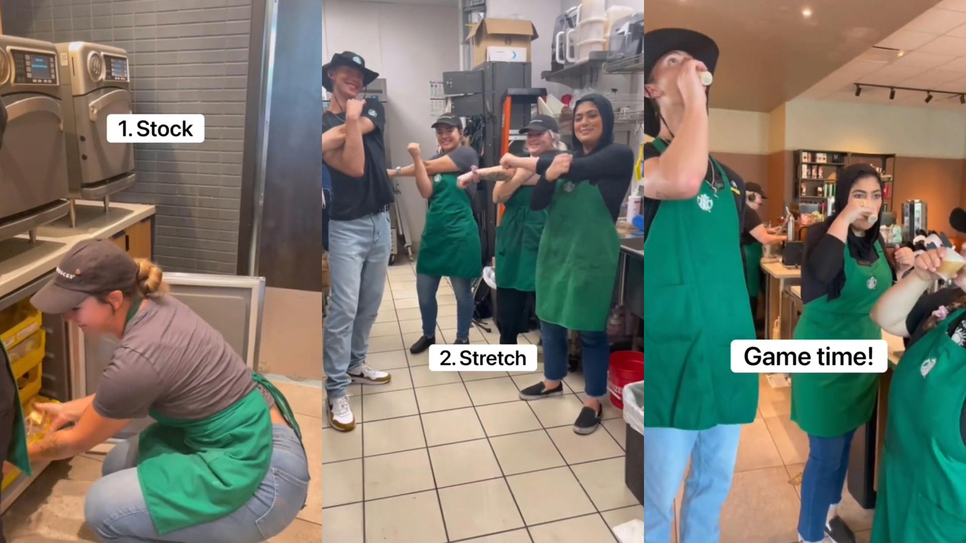 Starbucks barista stocking capti0on "1.Stock" (l) Starbucks baristas in back stretching caption "2.Stretch" (c) Starbucks baristas taking nitro shots caption "Game Time!" (r)