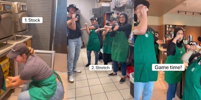 Starbucks barista stocking capti0on '1.Stock' (l) Starbucks baristas in back stretching caption '2.Stretch' (c) Starbucks baristas taking nitro shots caption 'Game Time!' (r)