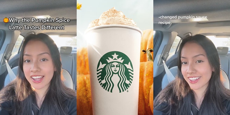 woman speaking in car caption 'Why the Pumpkin Spice Latte Tastes Different' (l) Starbucks Pumpkin Spice Latte with pumpkins behind (c) woman speaking in car caption 'changed pumpkin sauce recipe' (r)