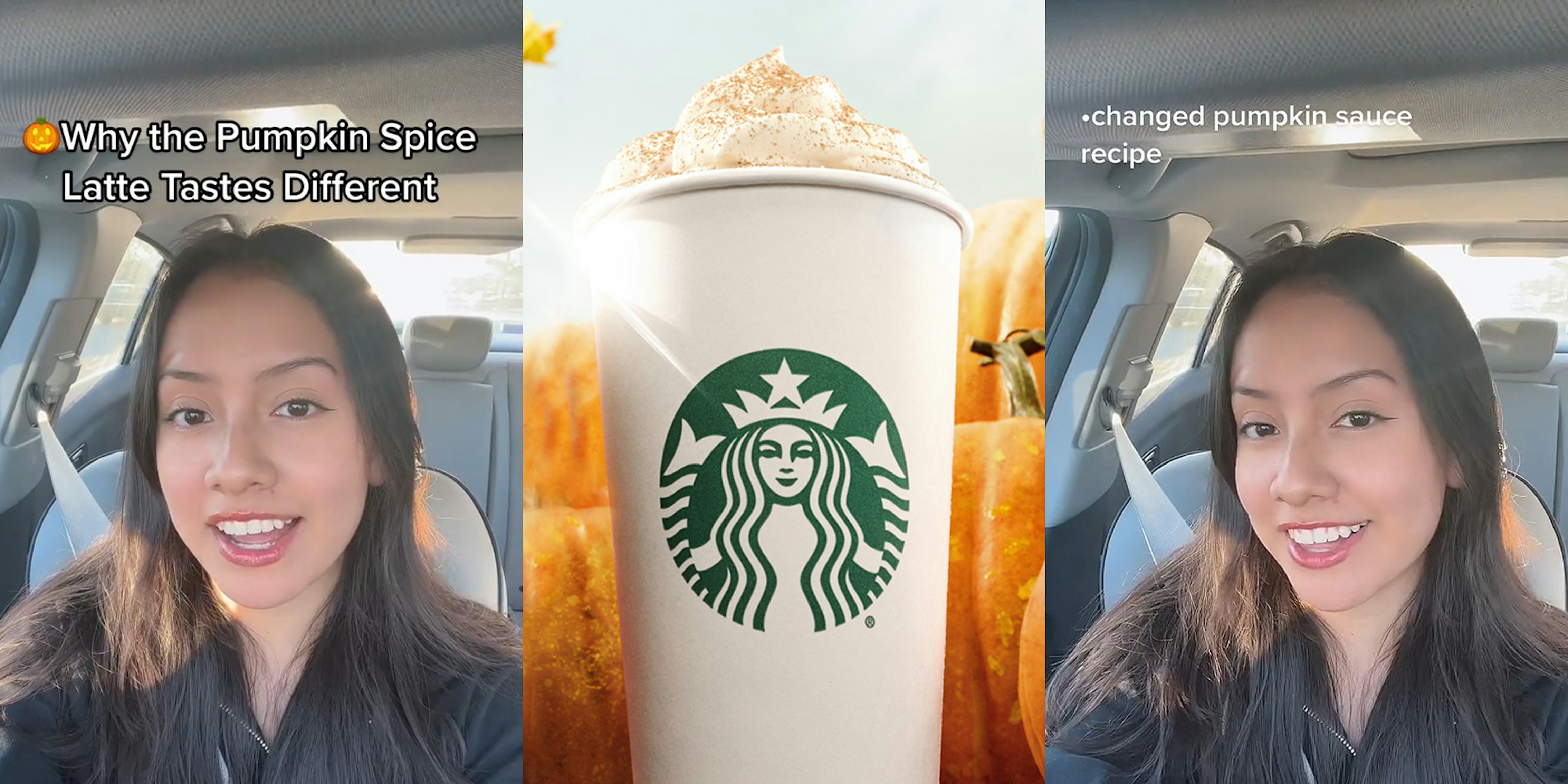 woman speaking in car caption 'Why the Pumpkin Spice Latte Tastes Different' (l) Starbucks Pumpkin Spice Latte with pumpkins behind (c) woman speaking in car caption 'changed pumpkin sauce recipe' (r)