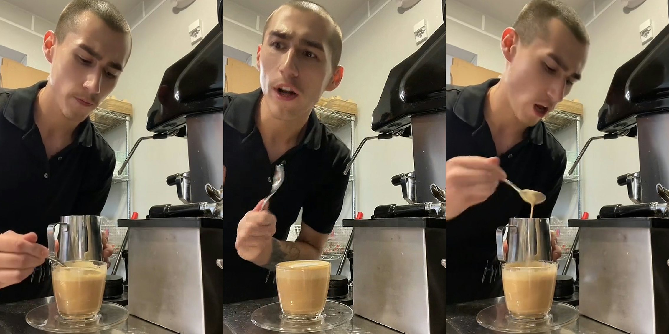 Starbucks barista scooping roam out of latte (l) Starbucks barista speaking holding spoon next to latte (c) Starbucks barista scooping foam out of latte (r)