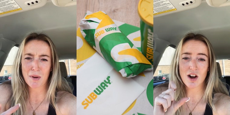 woman speaking in car (l) Subway sandwich with napkin and drink branded (c) woman speaking in car holding hand up (r)