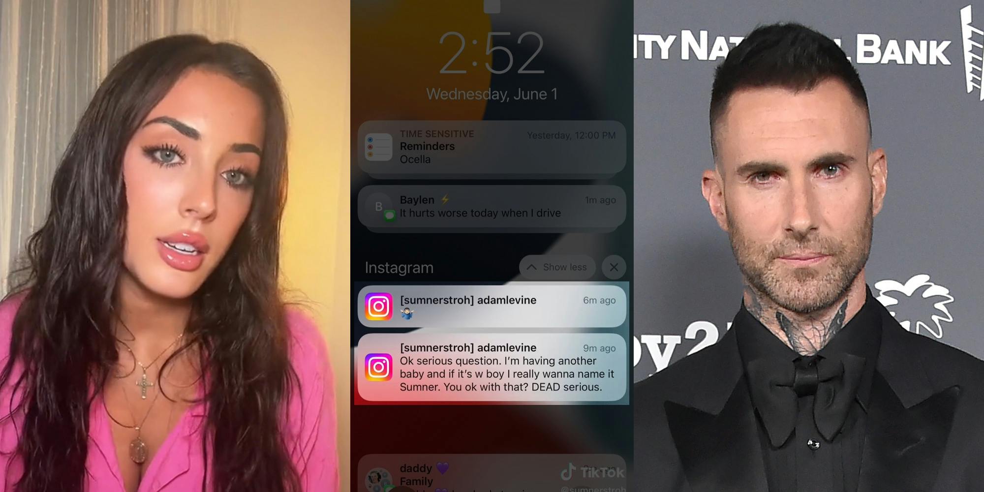 Sumner Stroh (l) Instagram notification from adamlevine that reads "Ok serious question. I'm having another baby and if it's w boy I really wanna name it Sumner. You ok with that? DEAD serious." (c) Adam Levine (r)